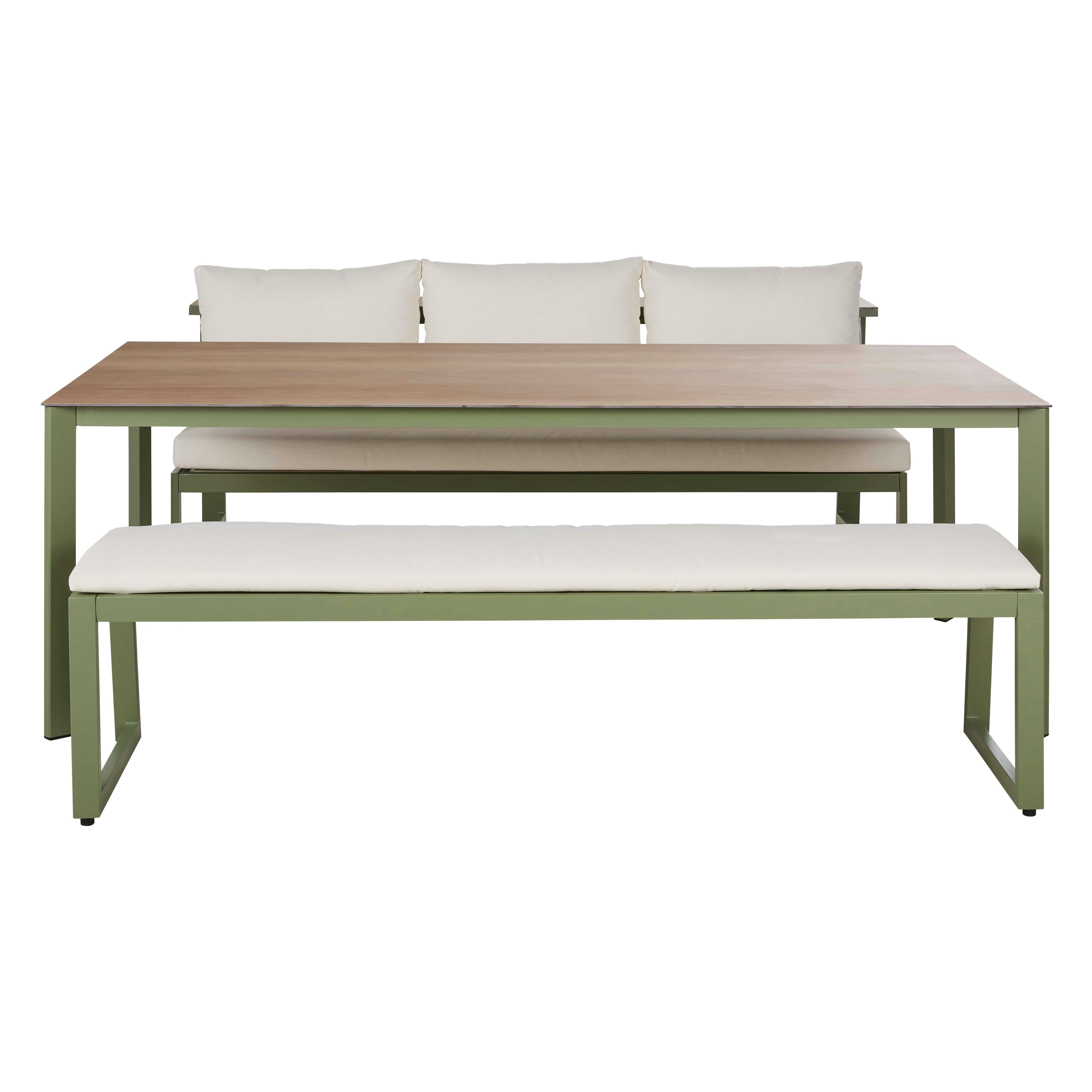 Jaden - Ensemble banquette de jardin en aluminium vert kaki et coussins écrus, 1 banc et 1 table