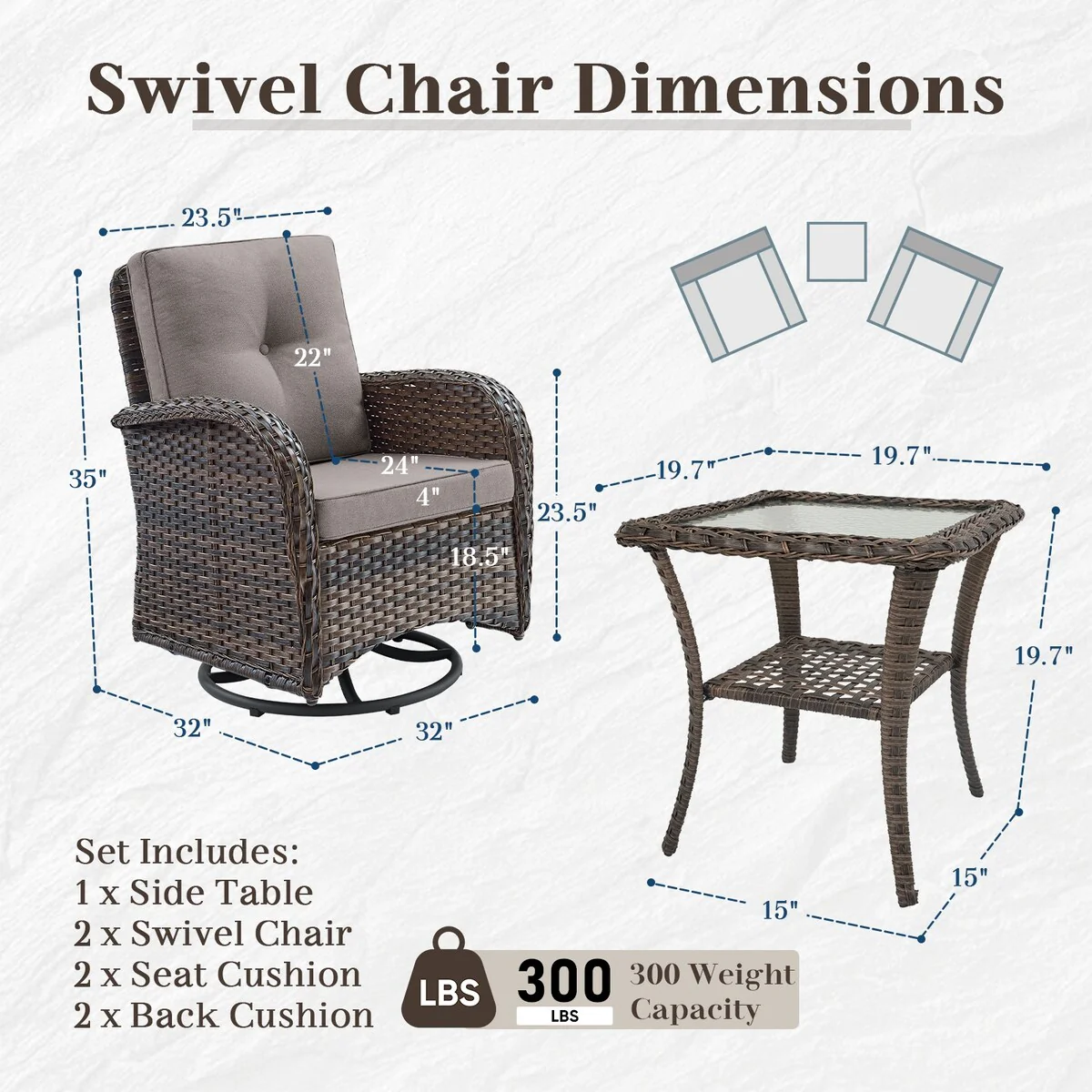 3 Piece Patio Swivel Glider Chair Furniture Sets - Brown