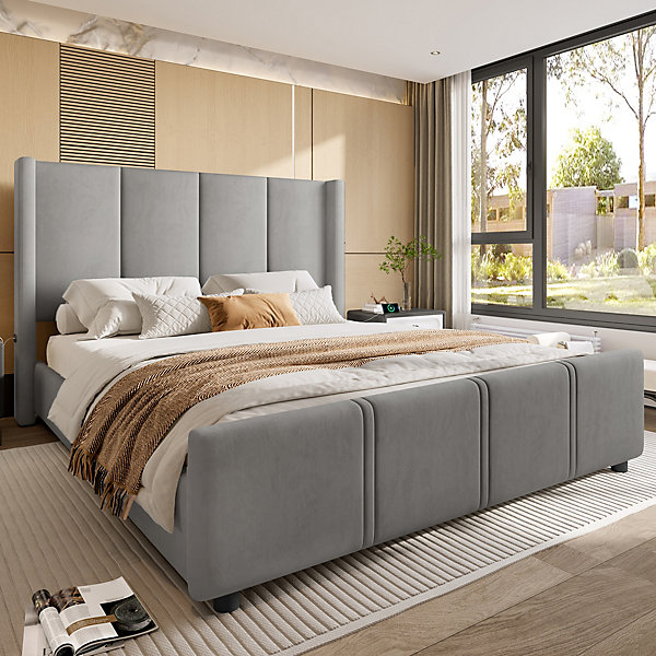 Lit 160x200 cm avec tete et pied hauts, revetement velours gris fonce et ports USB Type C integres