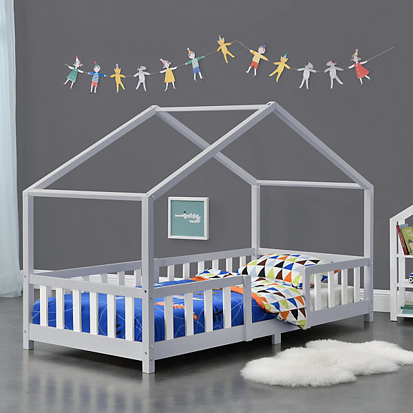 Lit d'Enfant Forme Maison avec Grille de Protection Treviolo 200 x 90 cm Gris Clair Blanc Mat Laqué en.casa