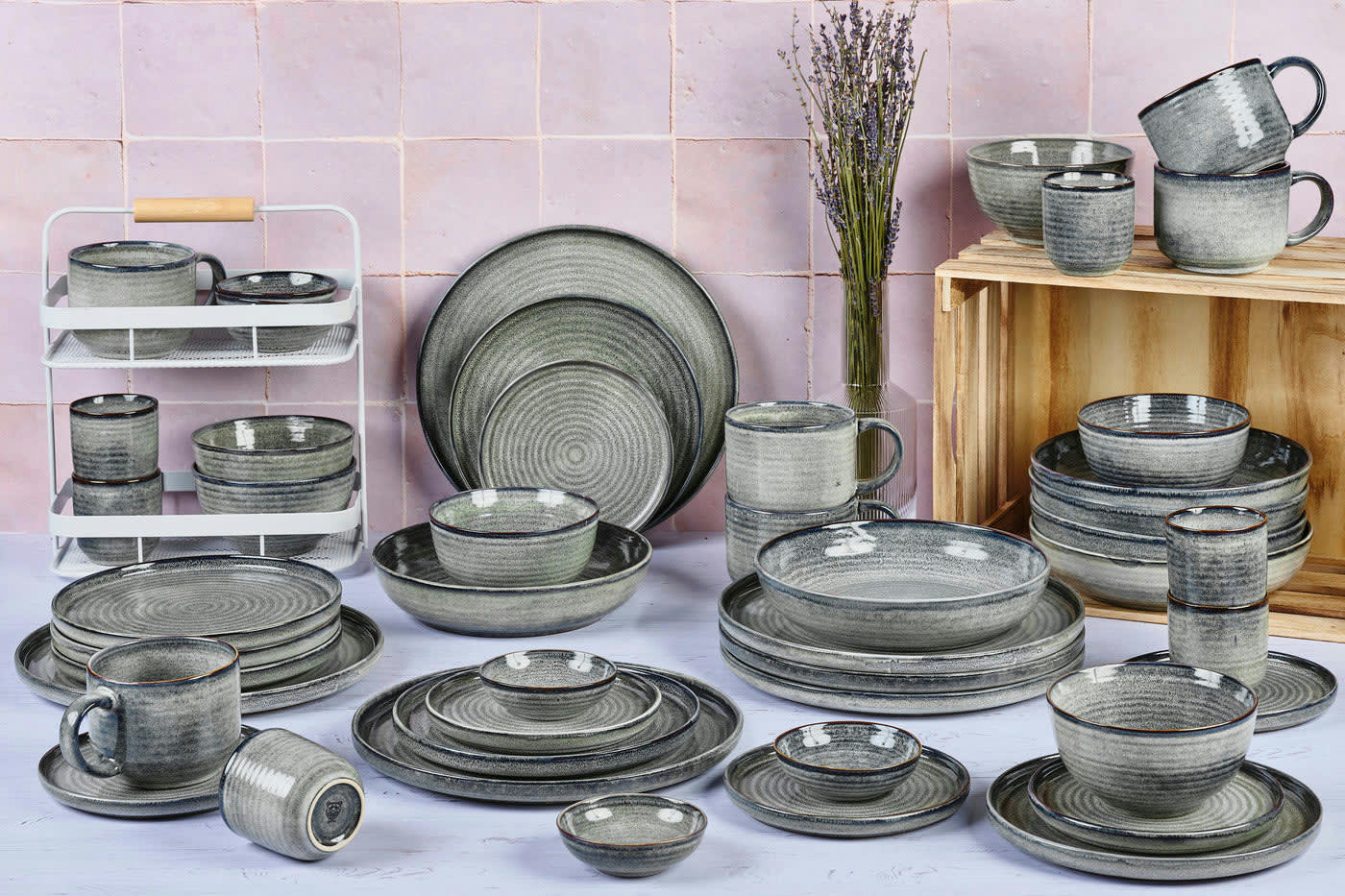 REACTIV - Set vaisselle 48 pièces en grès gris