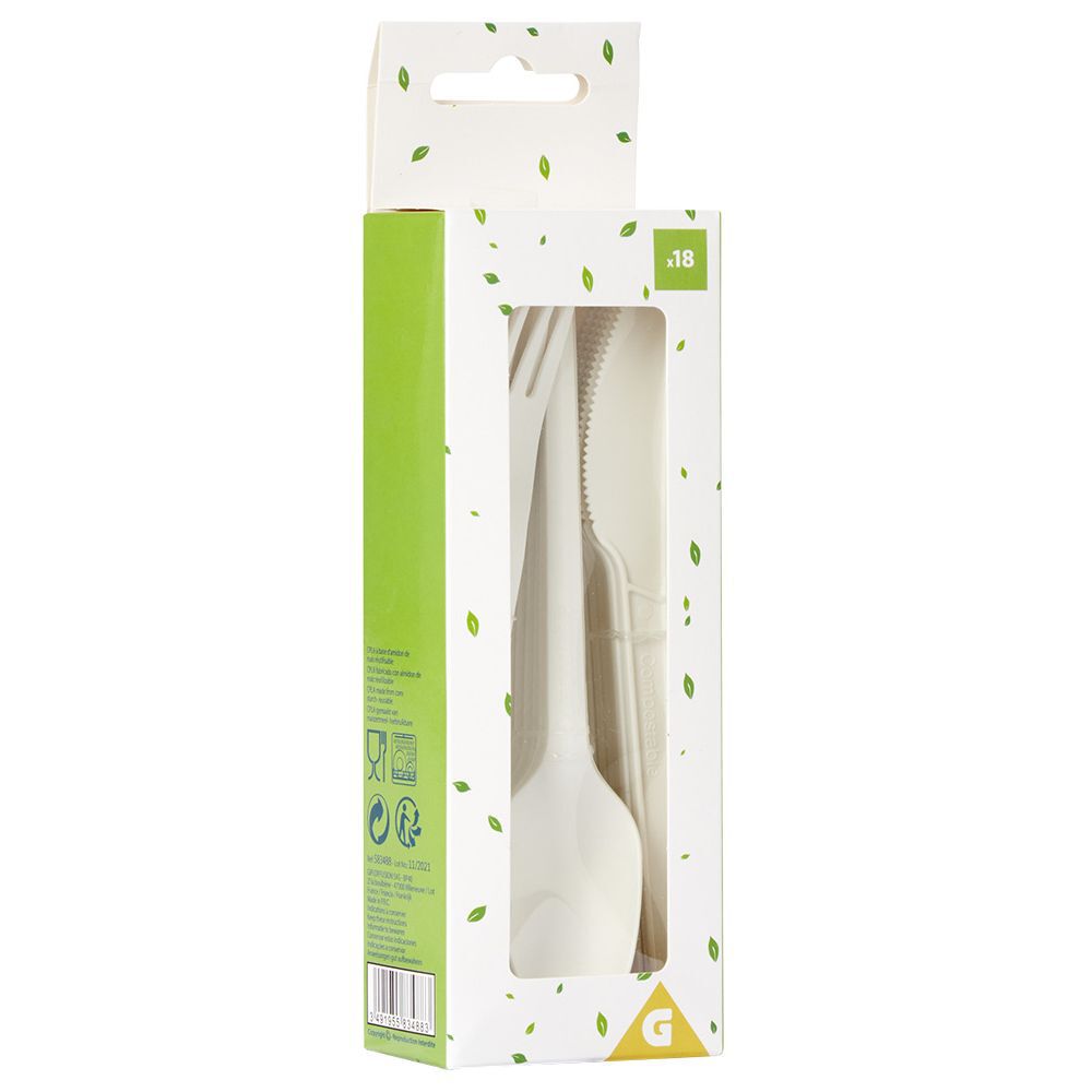 Ménagère réutilisable en amidon de maïs 6 personnes blanc