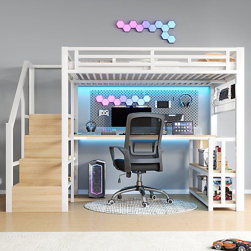 Lit mezzanine 140x200 cm avec LED - avec penderie et bureau - 2 ports USB   1 port Type-C - blanc (matelas non inclus)