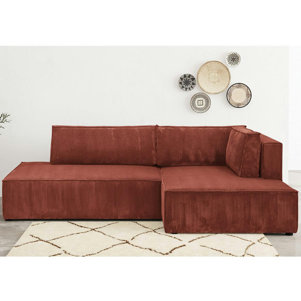 BARANI - Canapé d'angle à droite convertible 3 places en velours côtelé rouille