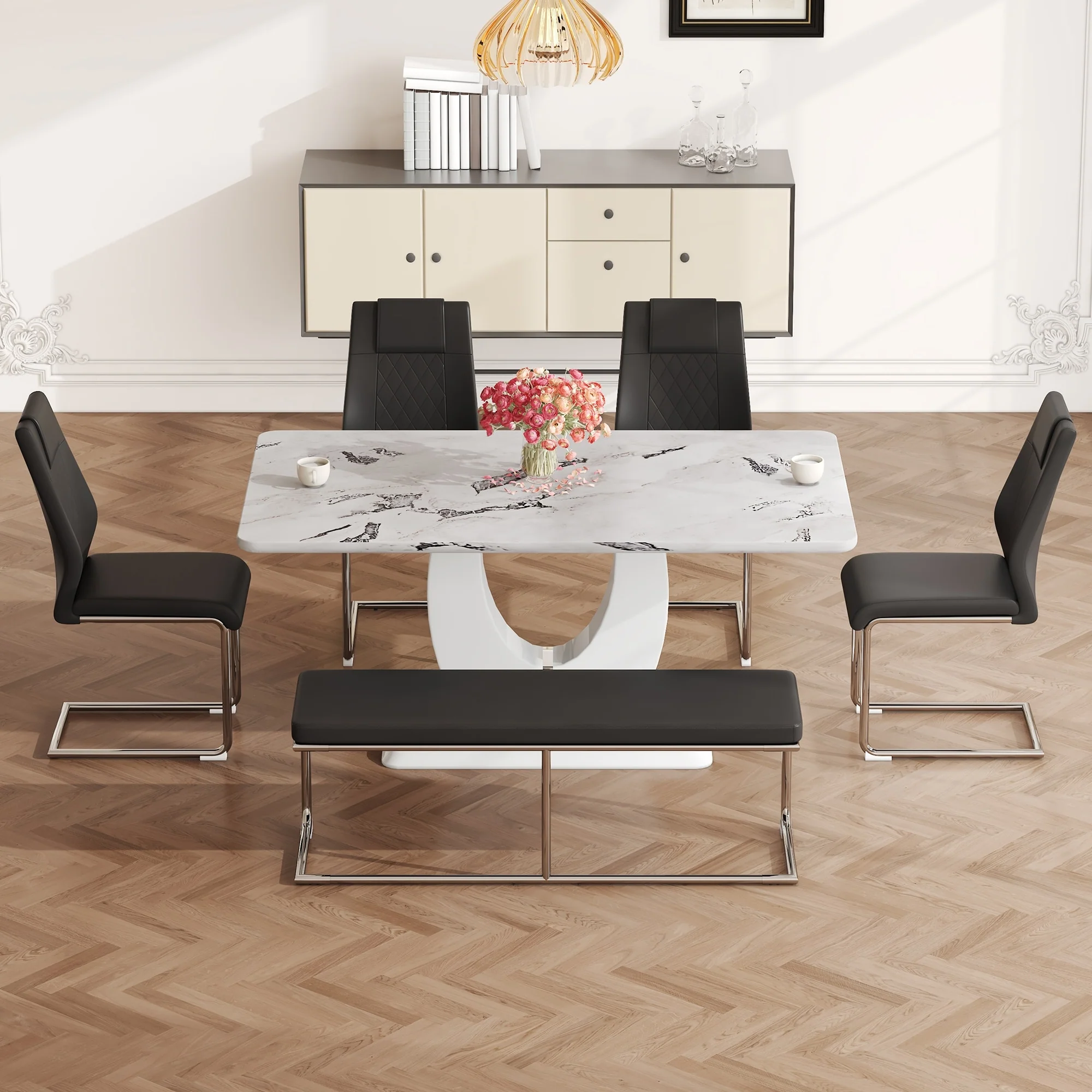 Modern Style 6-Piece Dining Set with Rectangular Table and 4 PU High Back Upholstered Dining Chairs and Bench