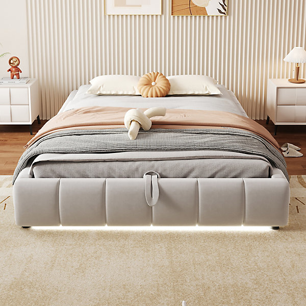 Lit Coffre 140x200 cm - Lit Double avec Rangement Intégré et éclairage LED - Sans Matelas, Velours Beige