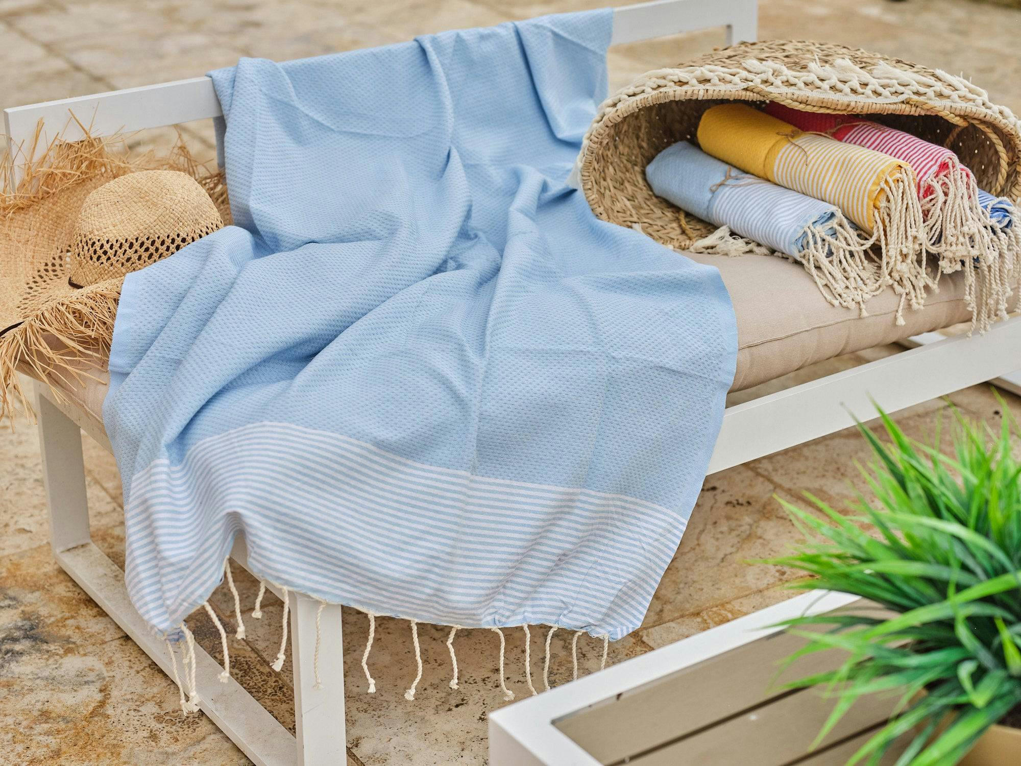 - Fouta en coton tissage nid d'abeille 100x200cm bleu ciel