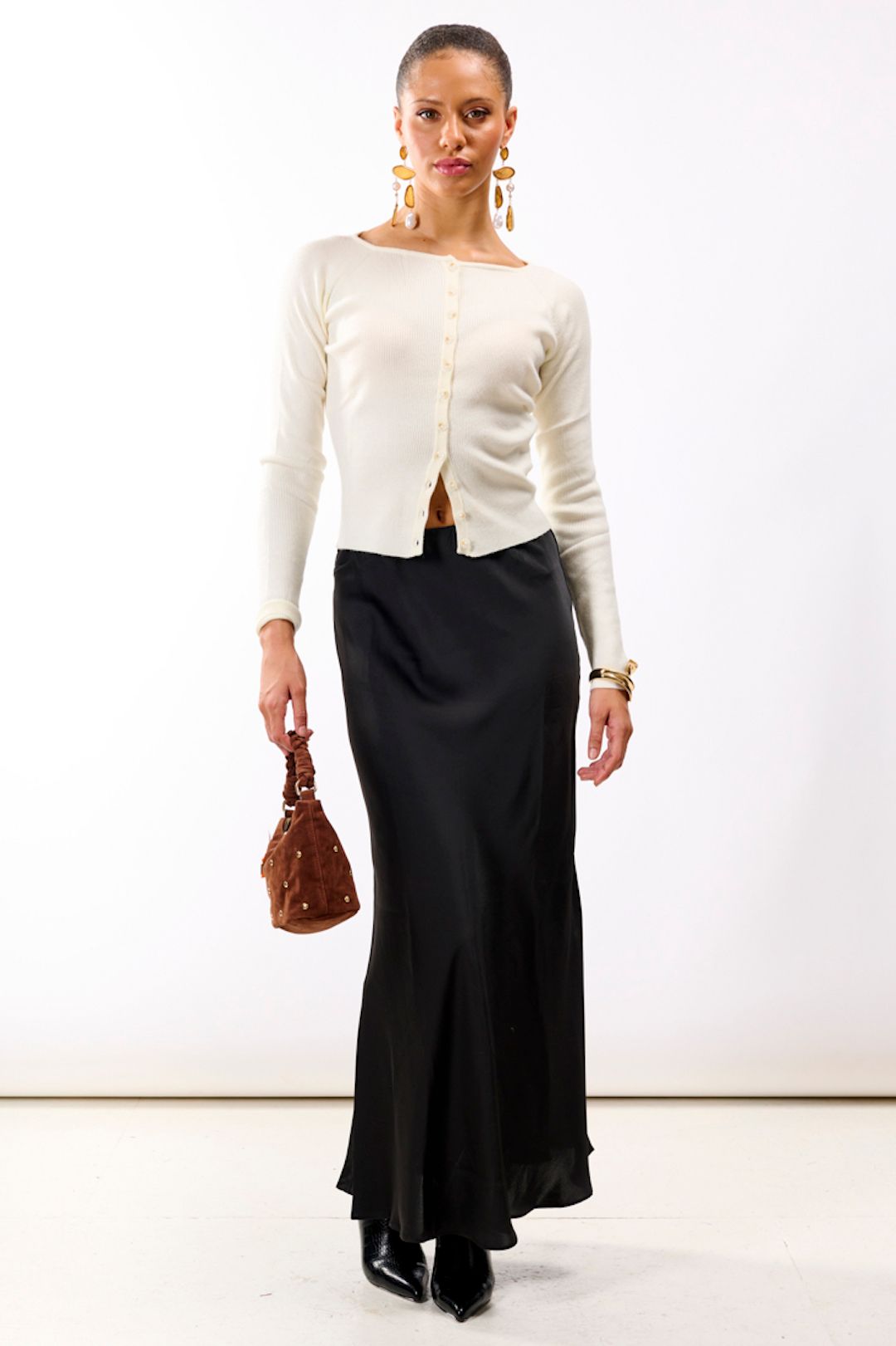 Needs No Label Black Satin Maxi Slip Skirt