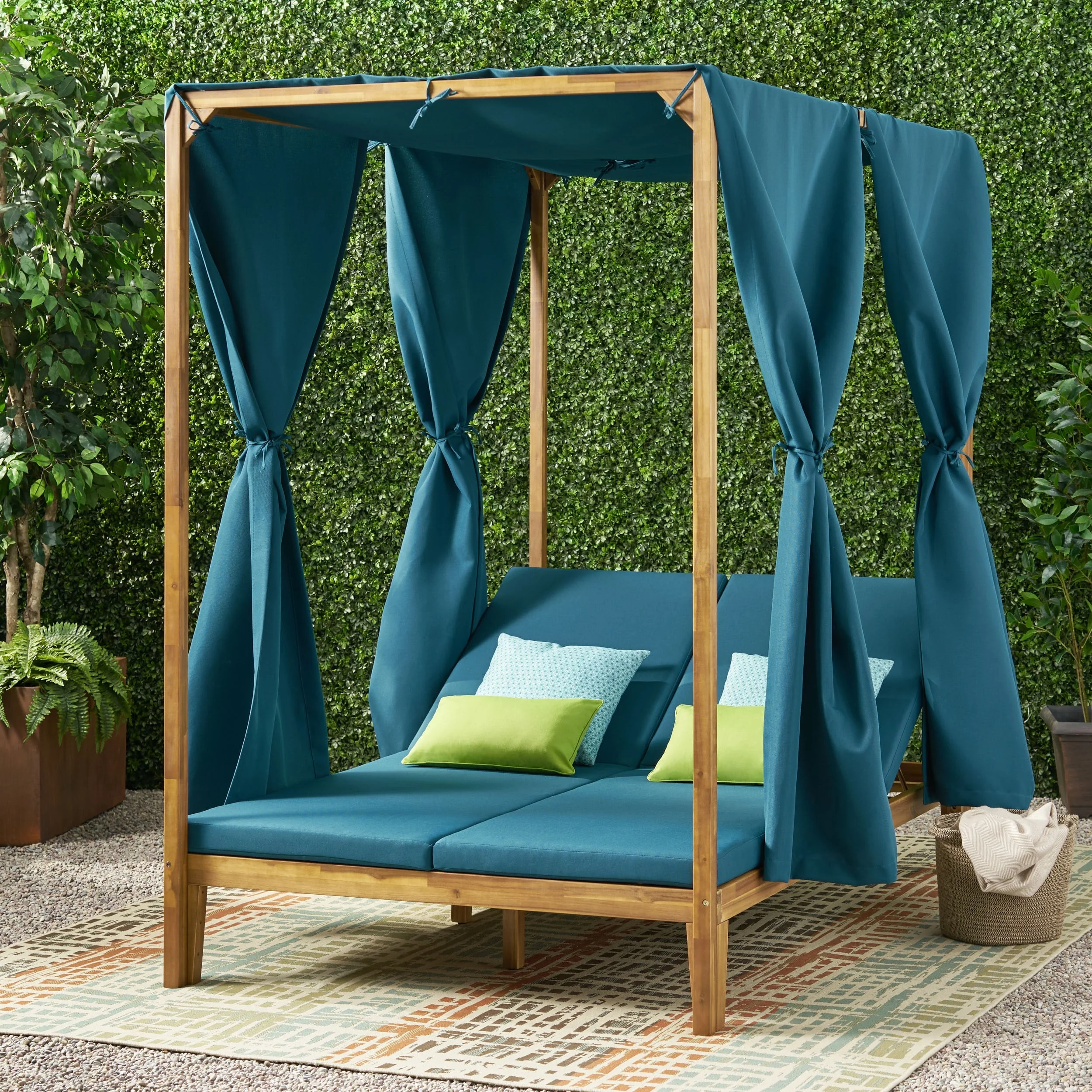 Kinzie Outdoor 2-seat Adjustable Acacia Daybed with Curtains by Christopher Knight Home - 51.25 L x 78.75 W x 78.75 H