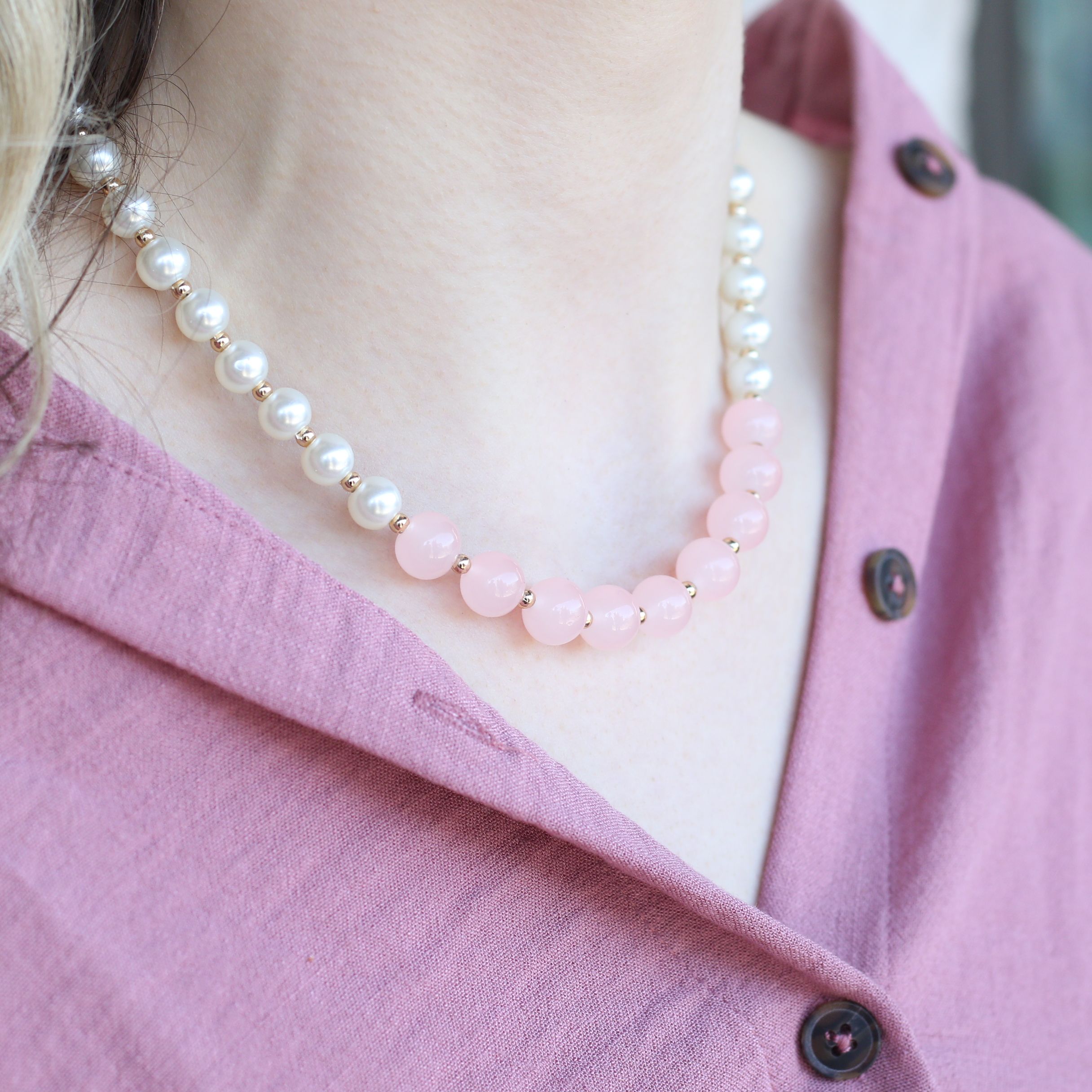 The Colourful Aura Large Ivory and Pink Round Pearl Bridesmaid Statement Choker Necklace
