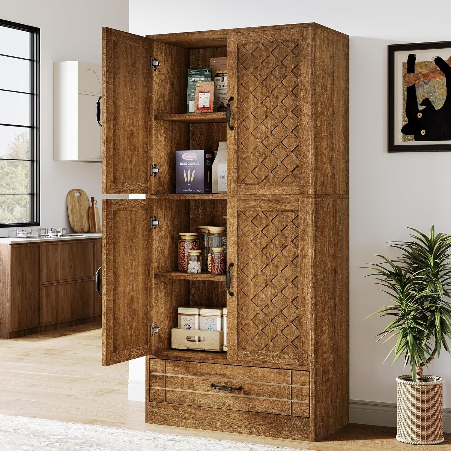 70-Inch Kitchen Pantry Cabinet, Tall Bakers' Rack Kitchen Cabinet with Doors and Drawer - N/A