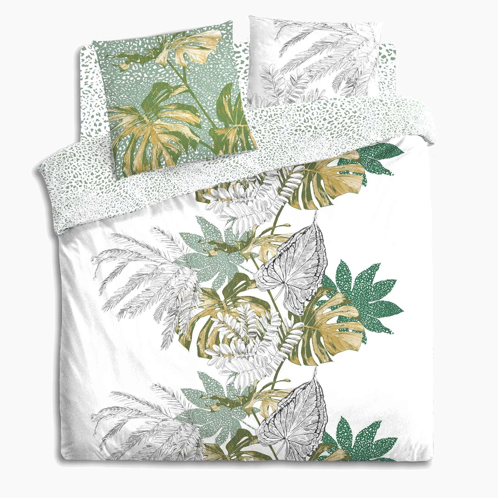MONSTERA - Parure de couette imprimée jungle dorée coton blanc 240x220 cm
