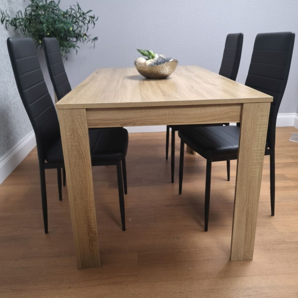 KOSY KOALA Modern Oak Effect Dining Table Set With 4 Black Faux Leather Chairs Dining Room Furniture