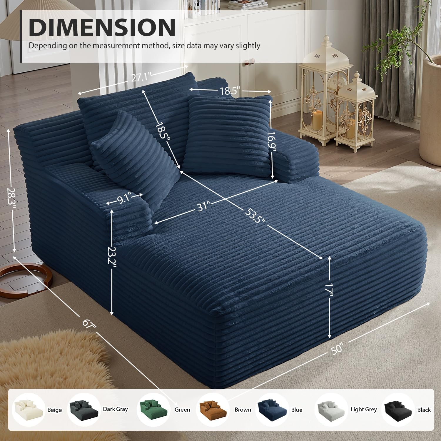 67 Inch Chaise Lounge Chair Indoor, Oversized Corduroy Upholstered Boneless Sofa Bed, Deep Seat Sleeper Couch Reading Chairs, Cloud Sofas Couches for Living Room, No Assembly Required (Blue)