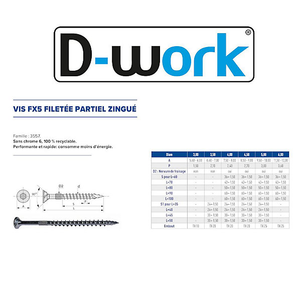 100 Vis Bois FX5 Tête Fraisée Torx F/Partiel 6 x 100 mm - Zingué blanc - D-Work