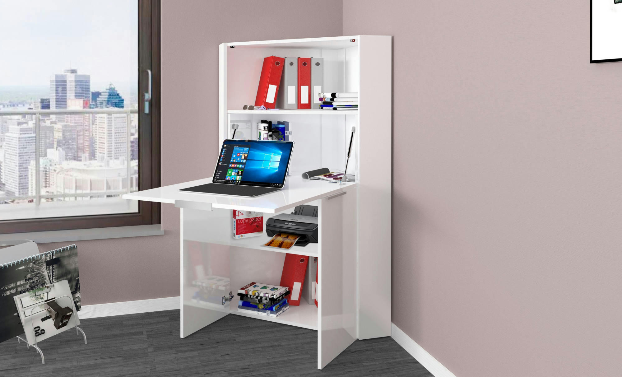 - Bureau d'angle effet bois blanc brillant