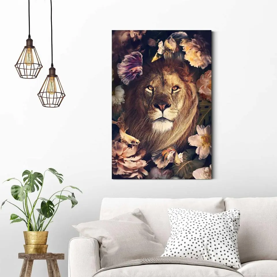 Schilderij Jungle Lion - 90 x 60 - Bruin