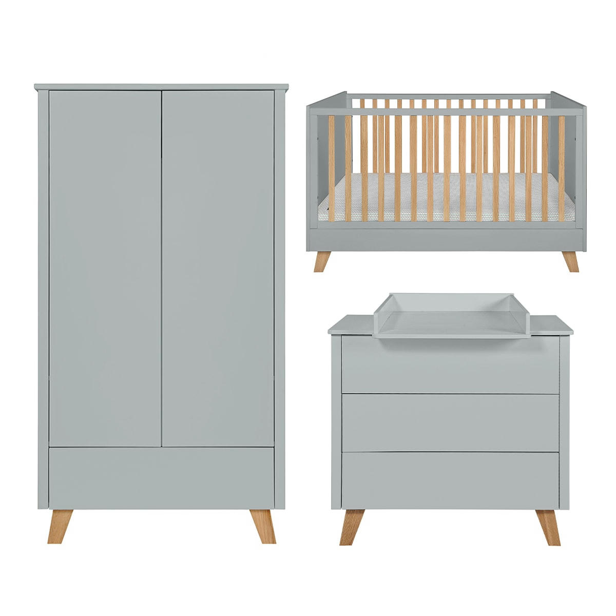 TRIO - ZARA - Chambre bébé : Trio - lit évolutif 70x140 commode armoire gris