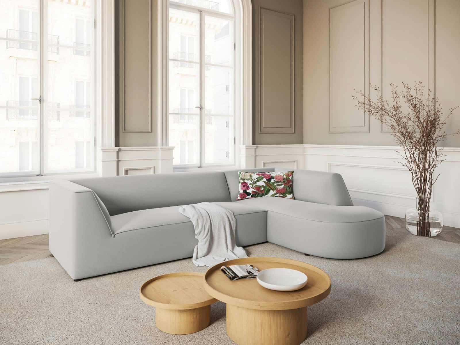 CHARLES - Canapé D'Angle Droit 4 places en Velours Gris Clair