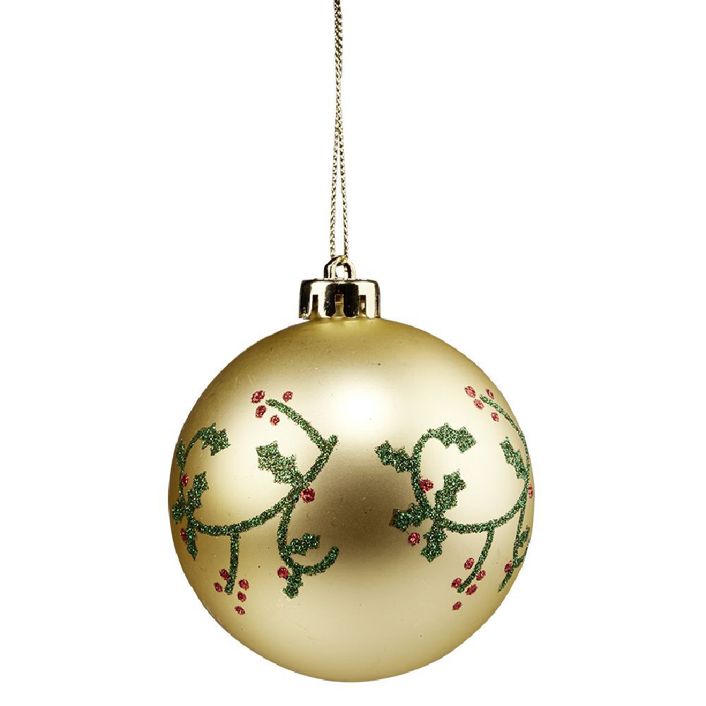 Boule de No&euml;l dorée motif houx vert et rouge pailleté Ø8cm