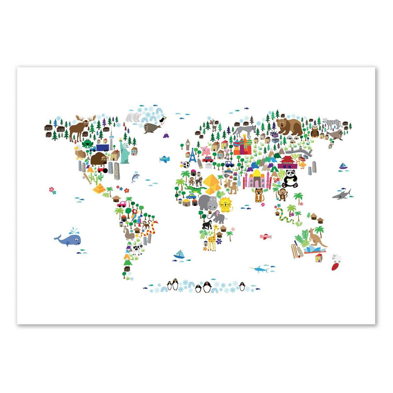 MICHAEL TOMPSETT - ANIMAL WORLD MAP -  Affiche d'art avec Cadre bois noir - 30 x 40 cm