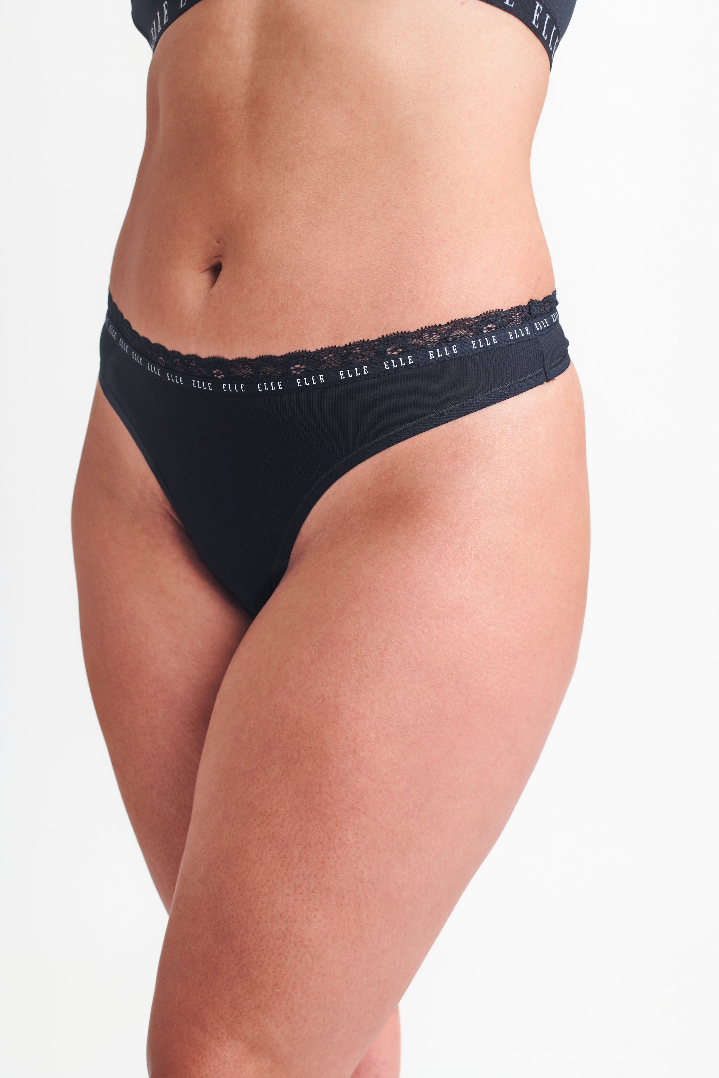 ELLE 3 Pack Synthetic Rib Thong in Black