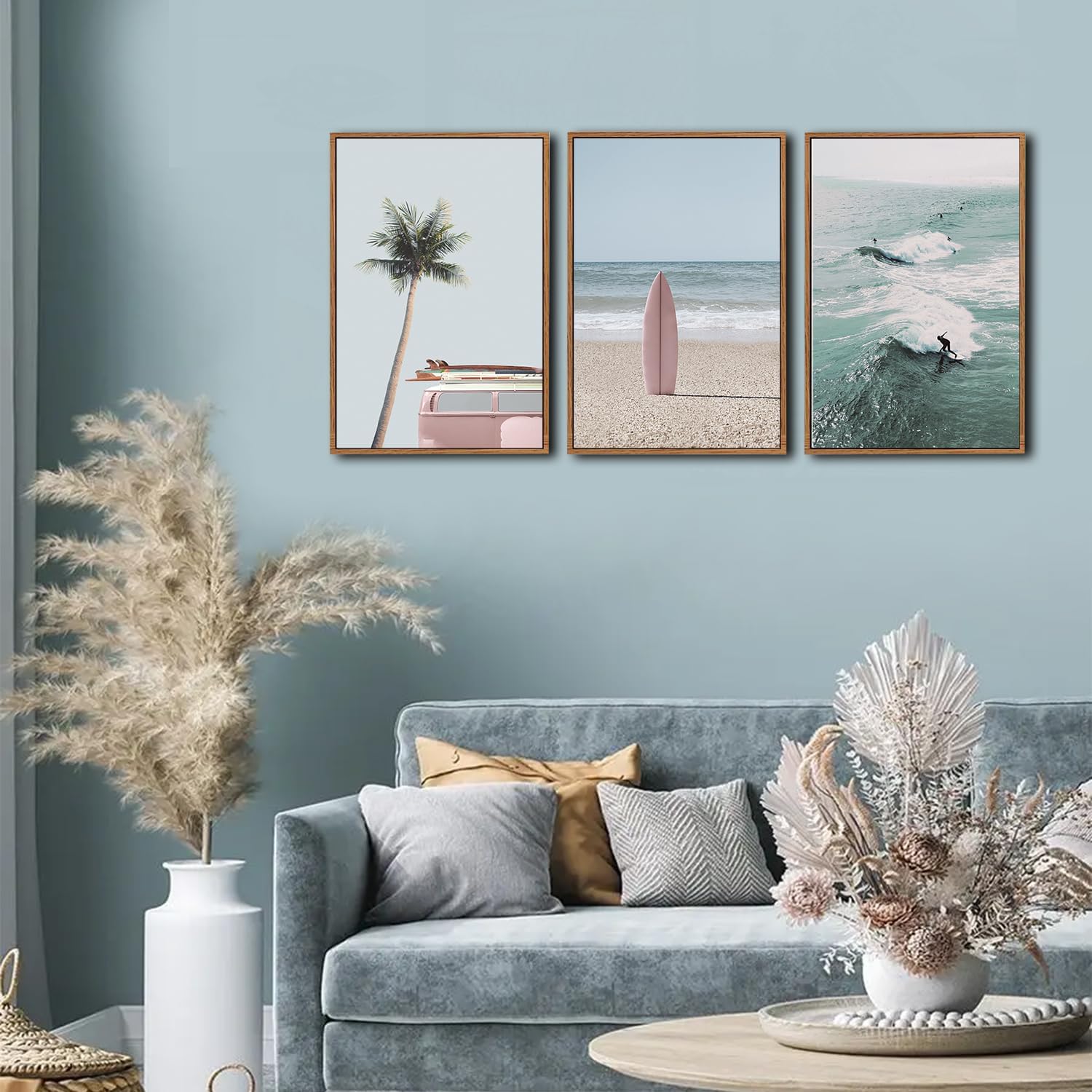 CHDITB Ocean Beach Framed Canvas Wall Art Set, Coastal Surfboard Wall Decor,Summer Coconut Tree Sea Wall Painting, Modern Surfing Art Prints for Living Room, Bedroom, Office- Large Size 24x36x3