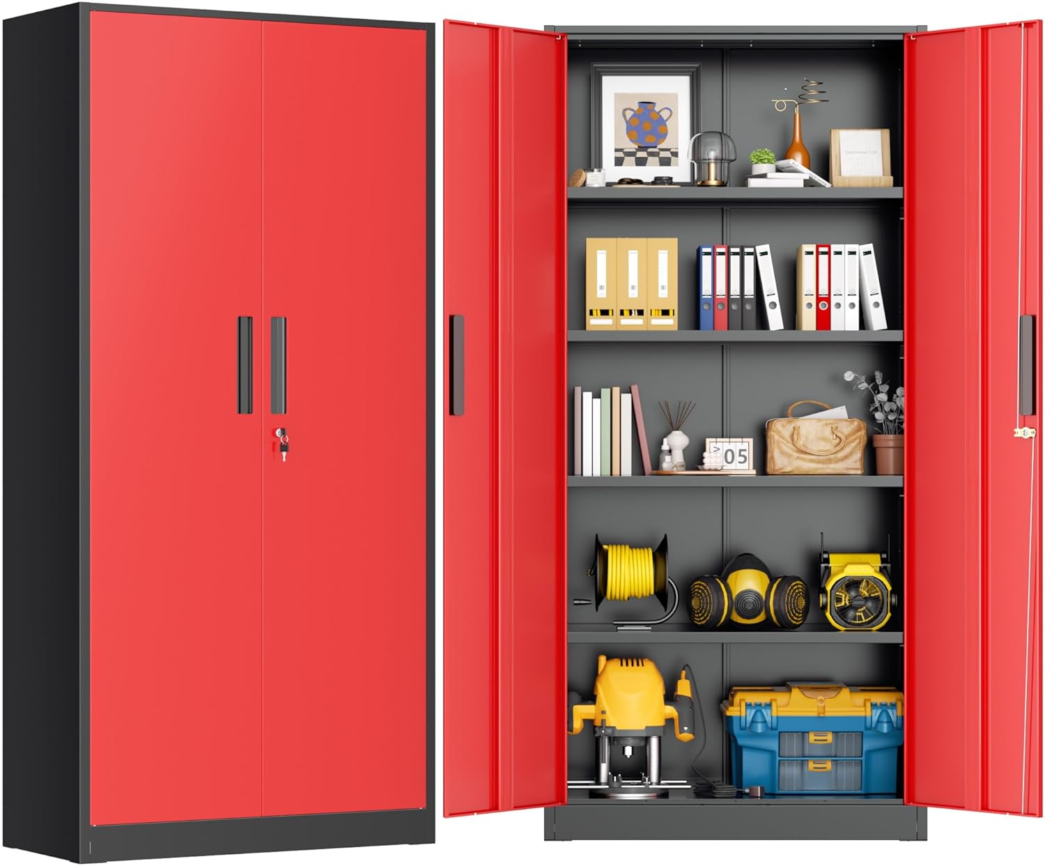 Greenvelly Metal Storage Cabinet, Steel Garage Cabinet with Doors and Adjustable Shelves, Metal Cabinet with Lock,Tall Metal Office Storage Cabinet for Garage,Home Office,School (Black Red)