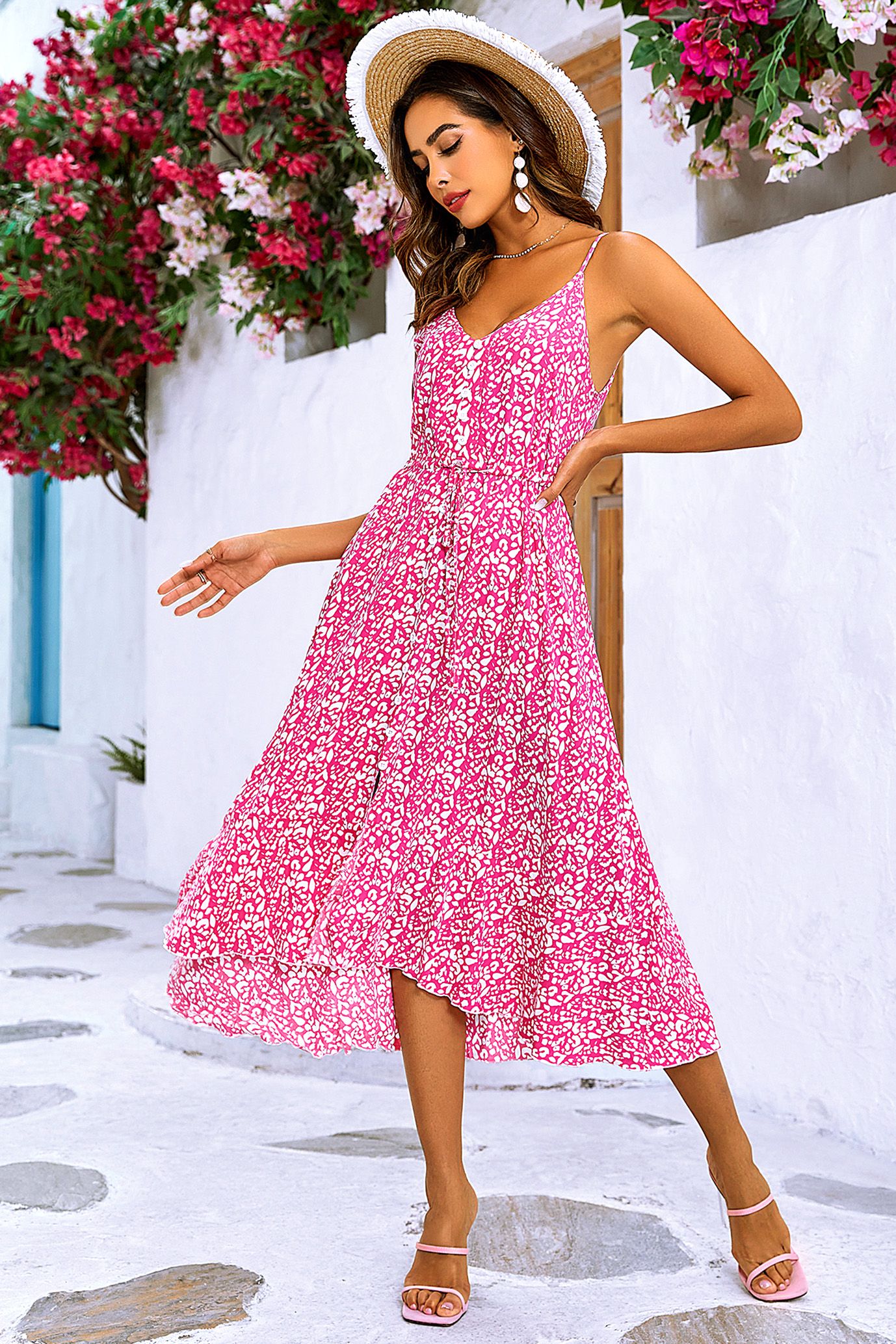 FS Collection Leopard Print Button Down High Low Strappy Dress In Fuchsia Pink