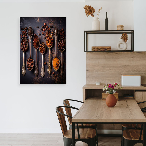 Obraz do kuchni jadalni, Kawa i srebrne łyżeczki 20x30