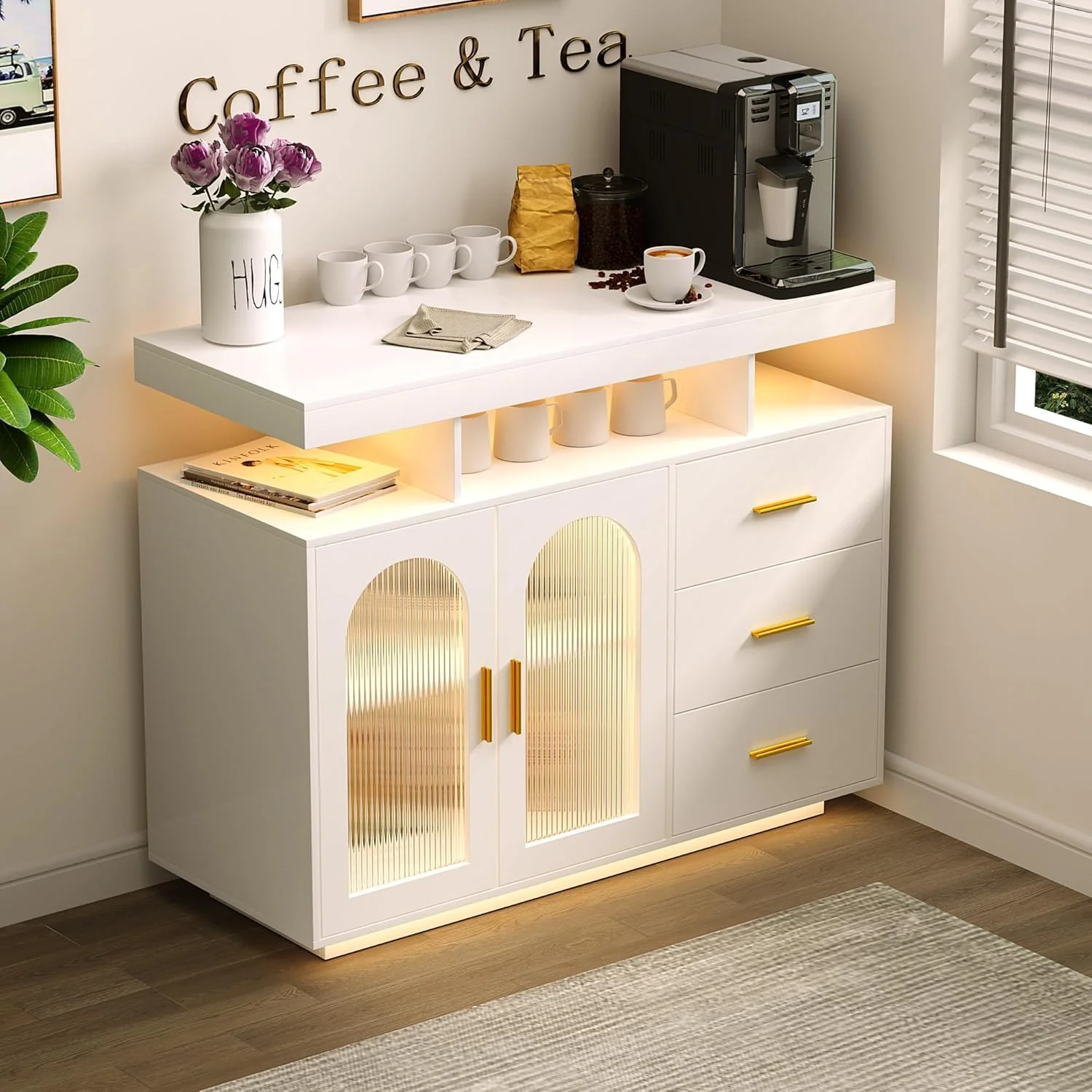 Bar Cabinet Kitchen Storage Cabinet with RGB Light, Human Sensor Design Sideboard Buffet Cabinets, Wood Coffee Bar Table with Shelf Capacity (Black)(9217white)