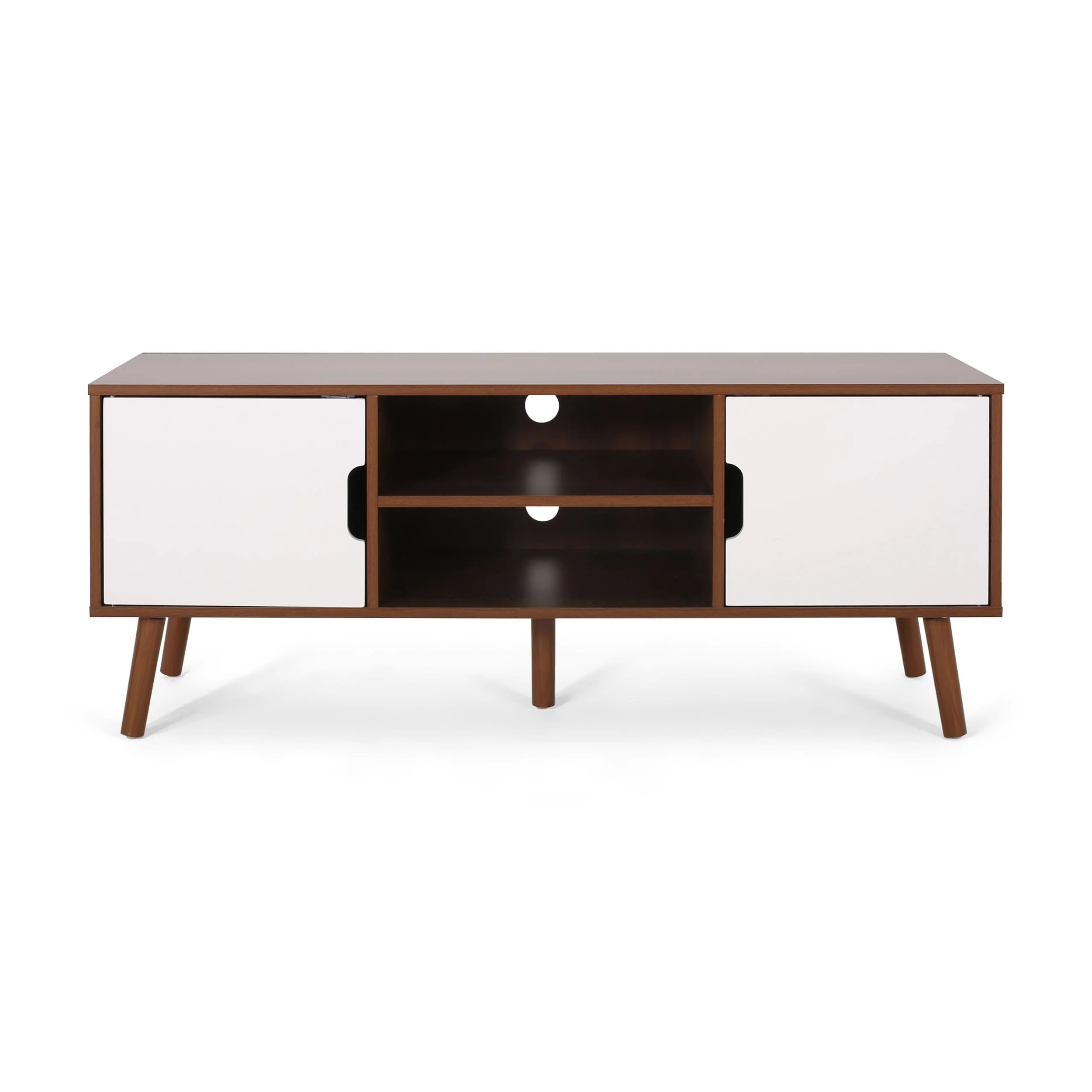 Roomfitters Mid-Century TV Stand with Storage Cabinets and Open Shelves for Living Room or Bedroom, Walnut+White