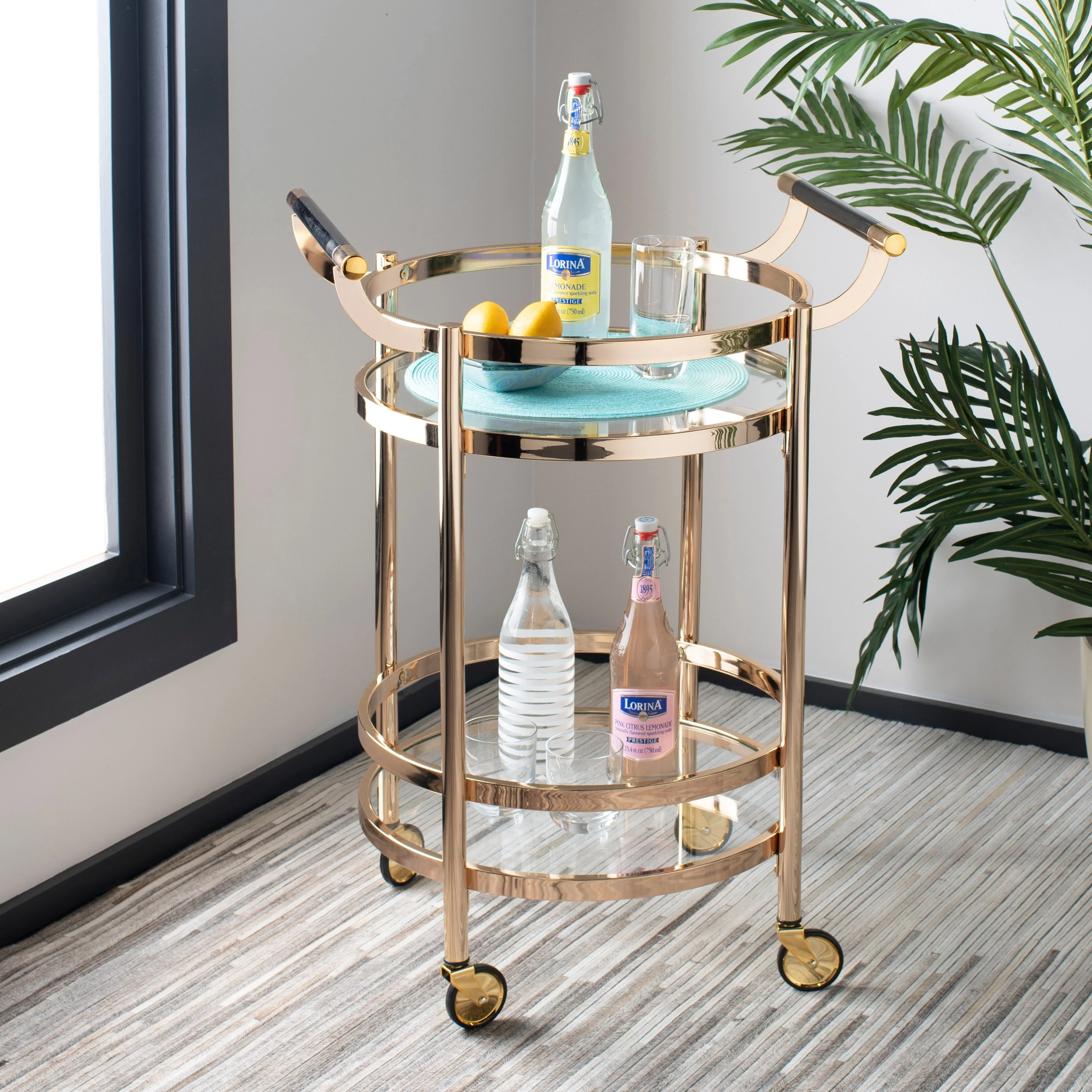 SAFAVIEH Bethel 2-Tier Round Bar Cart-Black Nickel / Glass - 23.8 x 19.9 x 34 - 24Wx20Dx34H