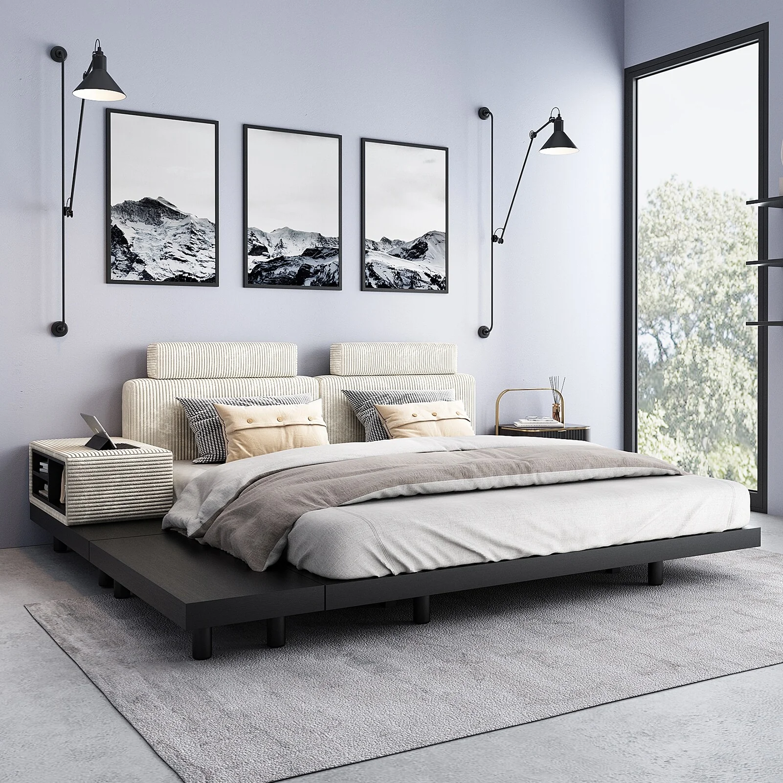 Bed,King Size Platform Bed Frame with Fabric Upholstered Headboard