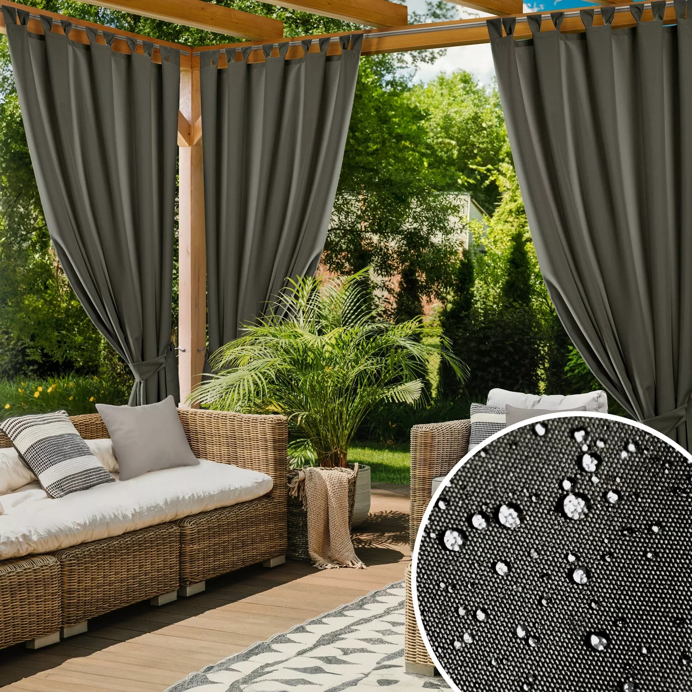 Zasłona grafitowa z wodoodpornej tkaniny idealna do ogrodu i na taras 155x260 cm szelki/rzep - GARDEN