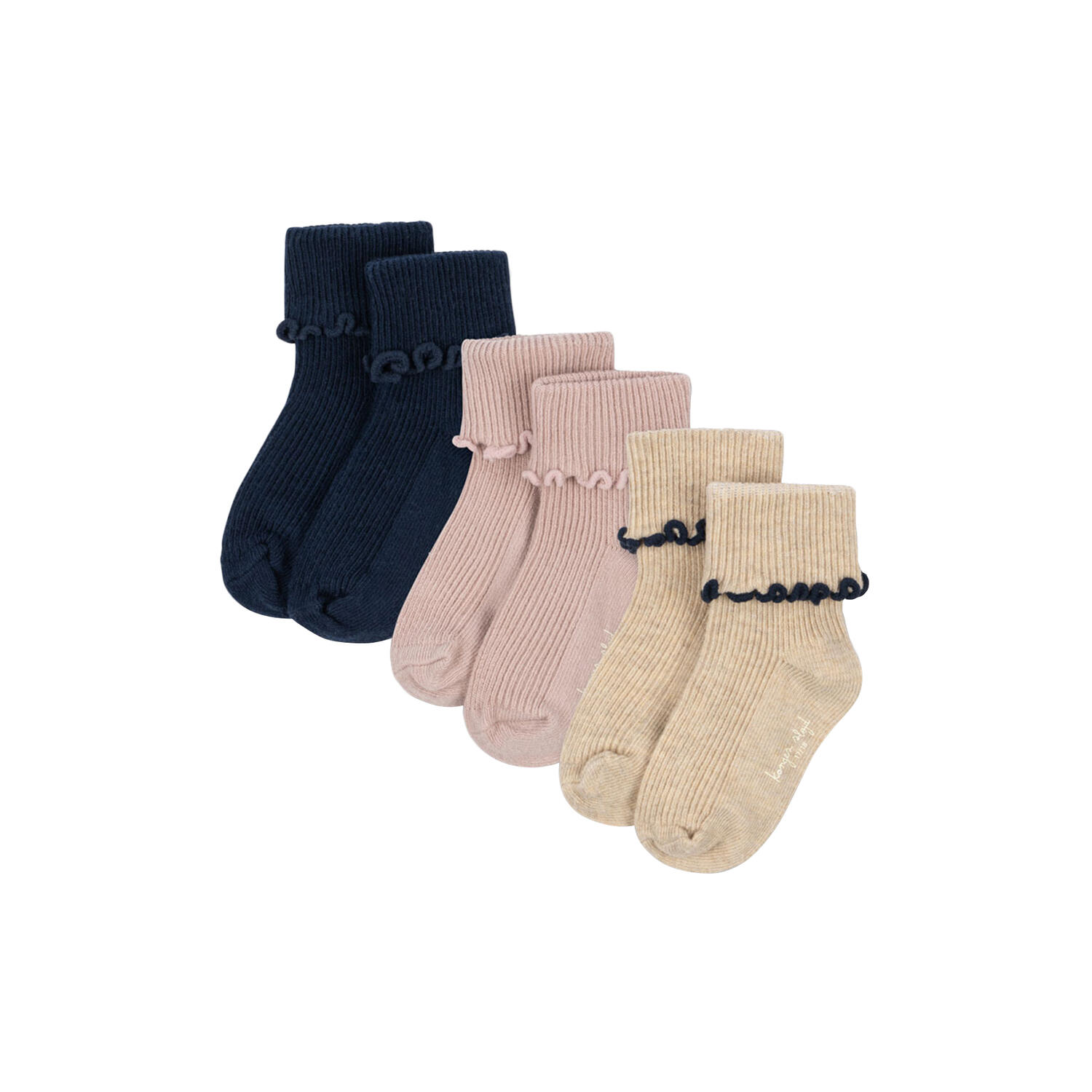 3 Pack Rib Frill Socks, navy/cream/blush