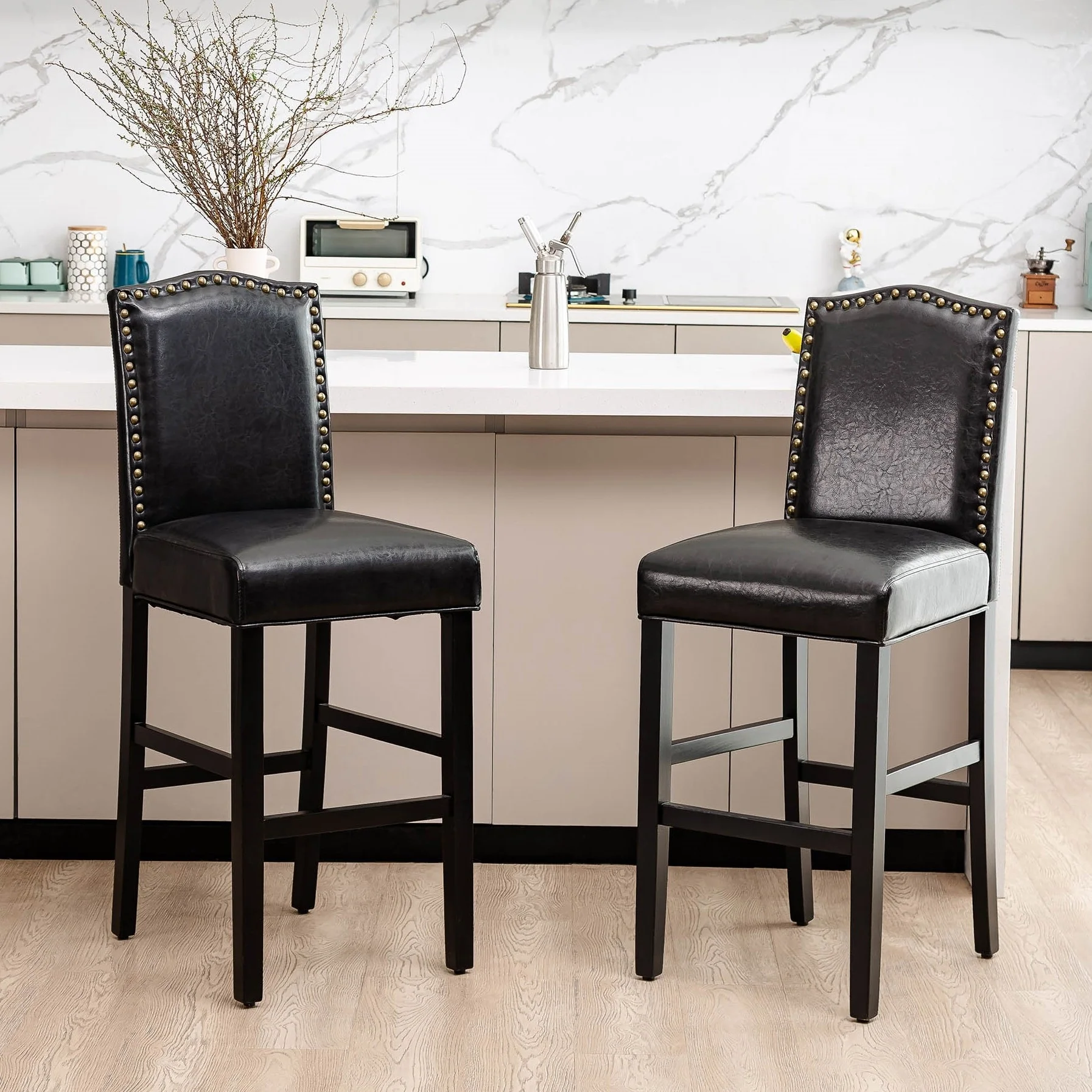 Glitzhome Set of 2 45H PU Riveted Upholstered Bar Stools Pub Chairs