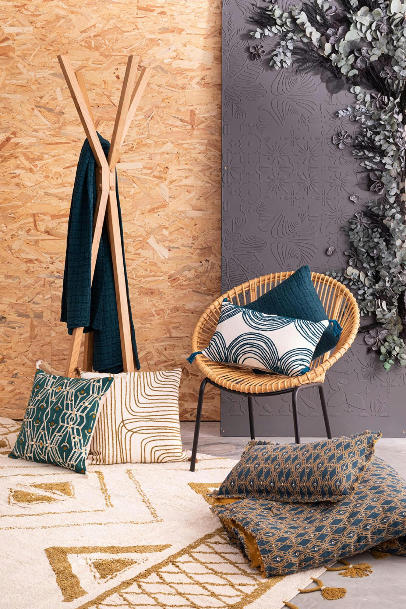 SWAMI - Plaid stonewash  en coton petrole 130 x 200