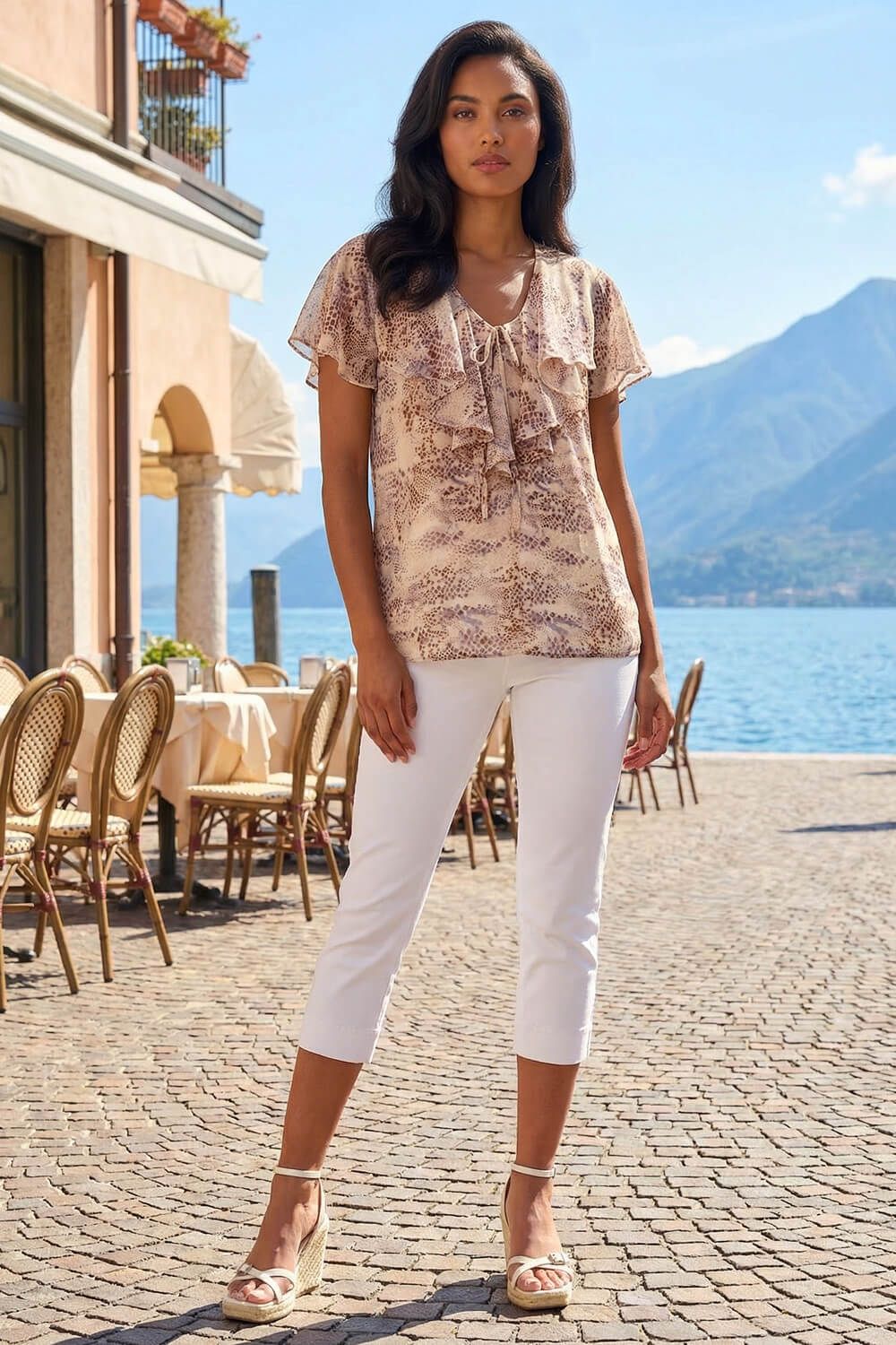 Roman Snake Print Frill Neck Top