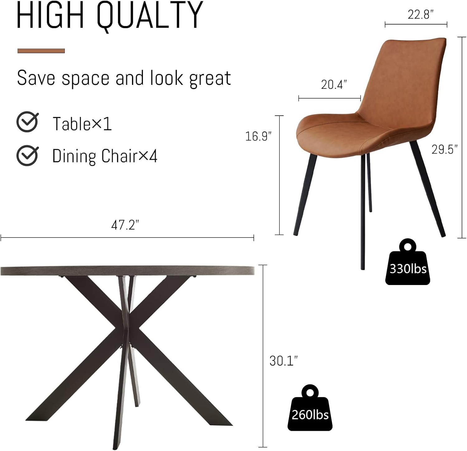 Zerifevni 47 Round Dining Table Set, Mid Century Modern Round Dining Table for 4-6 Person, Steel Legs, Leisure Coffee Table for Kitchen Dining Room, Save Space