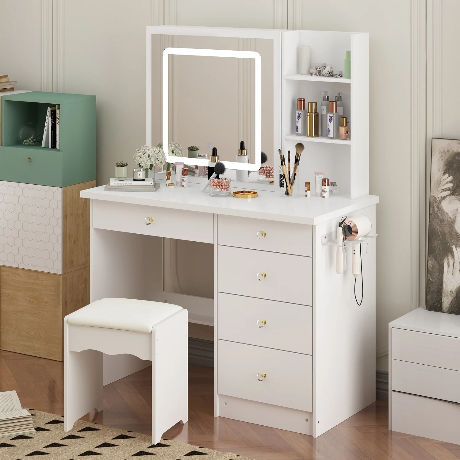 Vanity Desk Lighted Mirror Makeup Vanity Table Set w/Charging Station