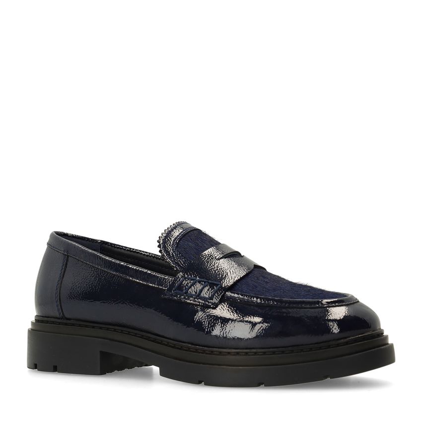 Manfield Donkerblauwe lakleren loafers met pony hair