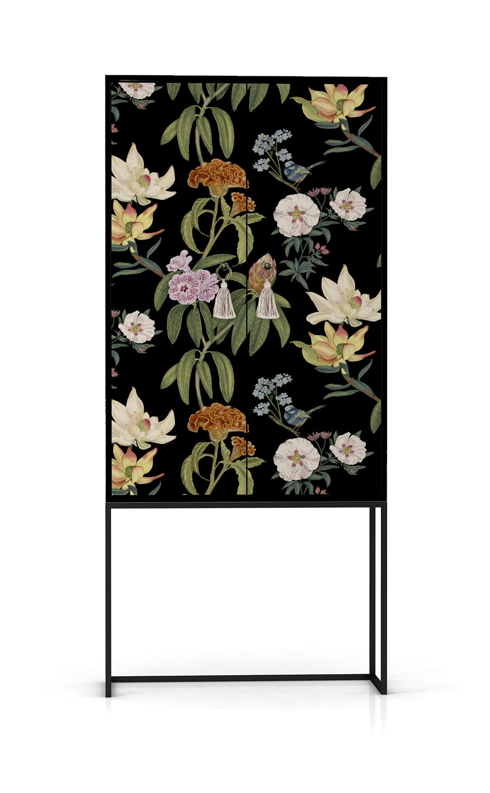 JARA - Buffet armoire 2 portes en MDF imprimé floral fond noir