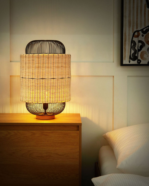 Lampa stołowa nocna rattanowa metal naturalna