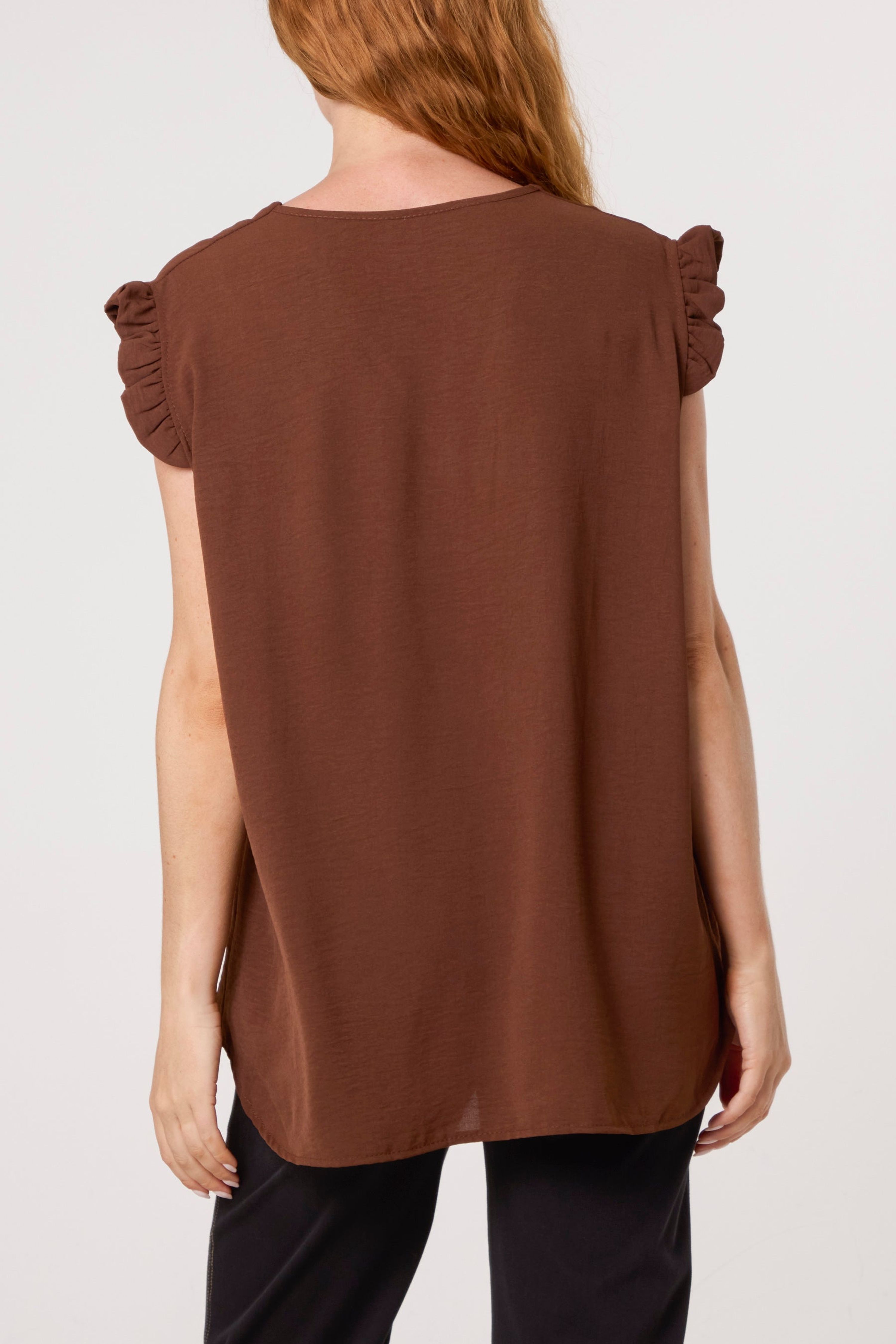 Blue Vanilla Brown Gold Button Detail Frill Top