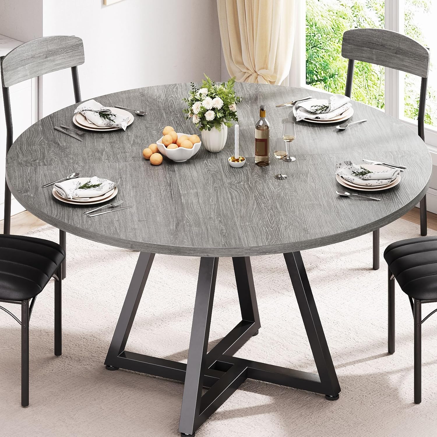 Jocoevol 42“ Round Kitchen Dining Room Table for 2-4, Circle Dining Dinner Table with Pedestal Metal Frame, Space Saving Wood Industrial Furniture for Small Space (Grey, 42IN)