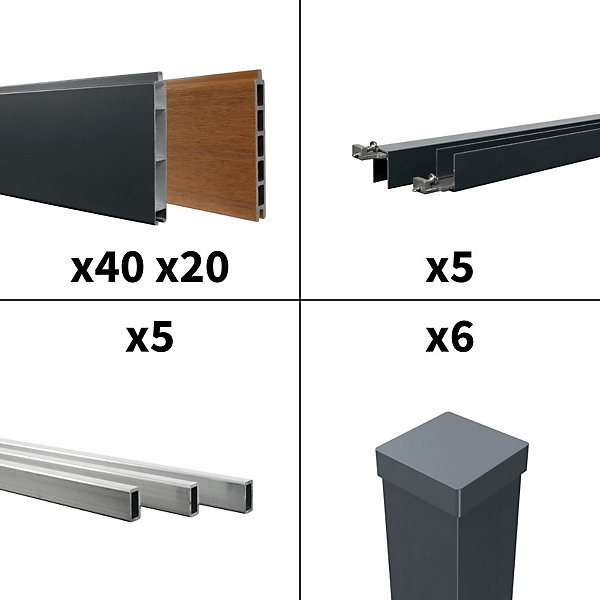 Kit Clôture Aluminium BAHIA &CRUZ Teck 9,20x1,8m - Bois Composite &Aluminium - Poteaux Gris - Brise Vue - Palissade