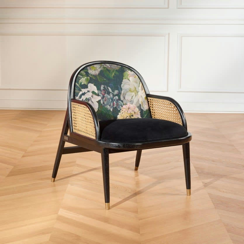 MARCEL - Fauteuil en cannage velours noir et lin motifs fleurs