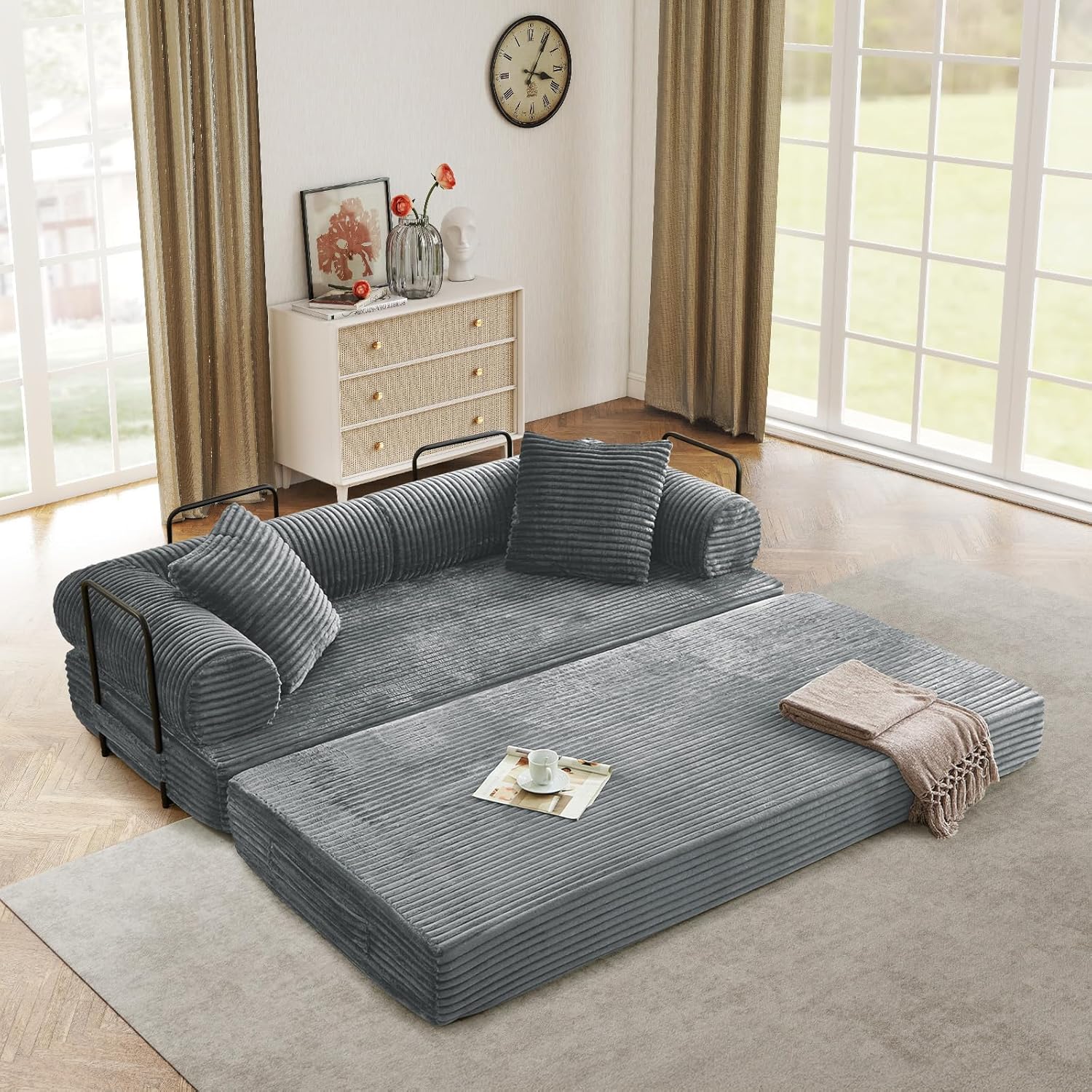 Antetek Modular Couch Bed, Convertible Folding Plush Corduroy Comfy Floor Compression Loveseat Sleeper Sofa Couch, King Size Bed for Guest Room Living Room Bedroom, No Assembly Required, Light Grey