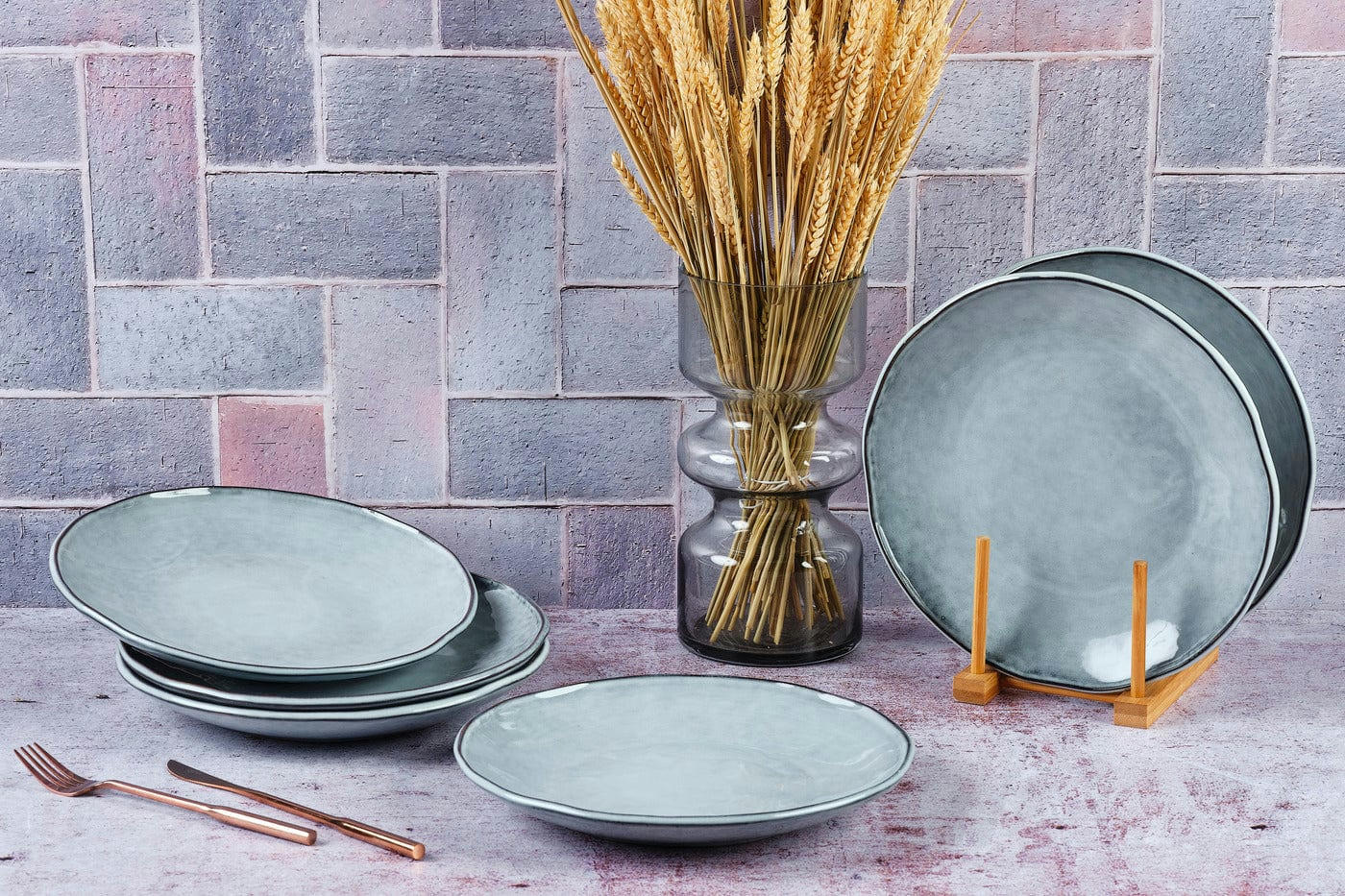 REACTIV - Lot de 6 assiettes plates en grès gris D27